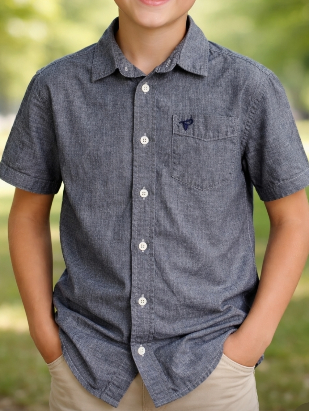 Wrangler Boys Short-Sleeve Chambray Button-Down Shirt - Gray